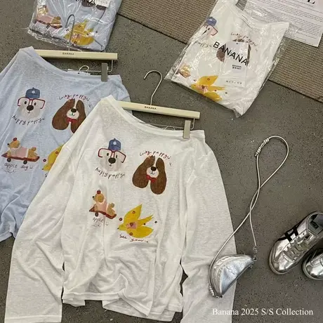 韩国东大门夏季新款时尚趣味斜肩长袖T恤女慵懒防晒衫罩衫上衣ins商品大图