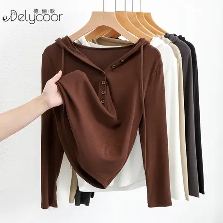 V领连帽卫衣打底衫女春秋洋气抽绳显瘦帽衫修身正肩咖色T恤上衣商品大图