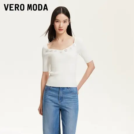Vero Moda奥莱针织短袖女2025夏季新款层叠花朵装饰五分袖上衣商品大图