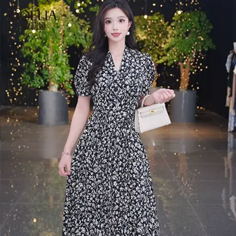 歌莉娅夏季新品黑底剪影鸢尾花V领针织印花连衣裙1E5C4K69B图片