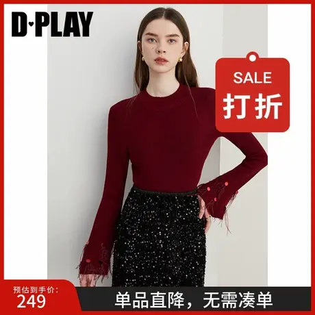 DPLAY2025年春季新款气质红色毛衣女修身针织衫羊毛混纺上衣小衫商品大图