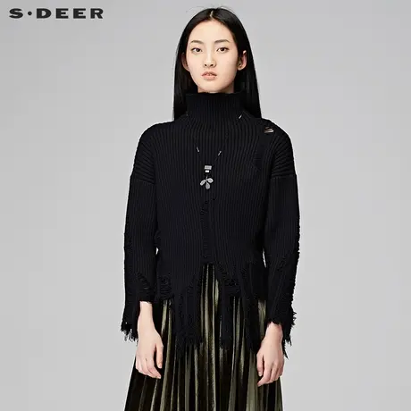 sdeer圣迪奥2019冬流苏中高领黑色针织衫毛衣Y17483502图片