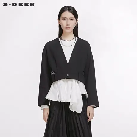 sdeer圣迪奥女装春秋装字母开领落肩宽松黑色短款外套S20182202图片