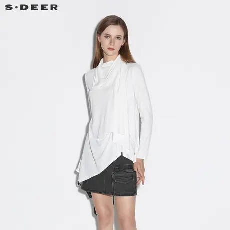 sdeer圣迪奥女装春秋装设计感不规则领拼接长袖T恤女S21380202图片