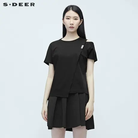 sdeer圣迪奥女装夏装不规则拼接黑色露肩基本款T恤S20280154图片