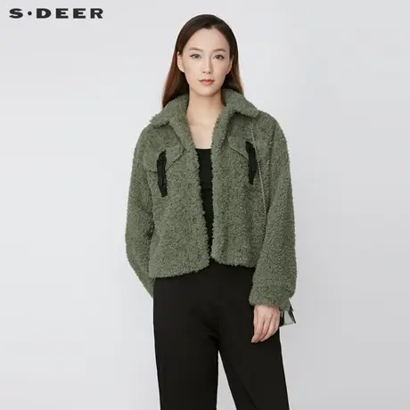 sdeer圣迪奥女装休闲翻领拼接仿羊羔毛短款外套S21462211图片