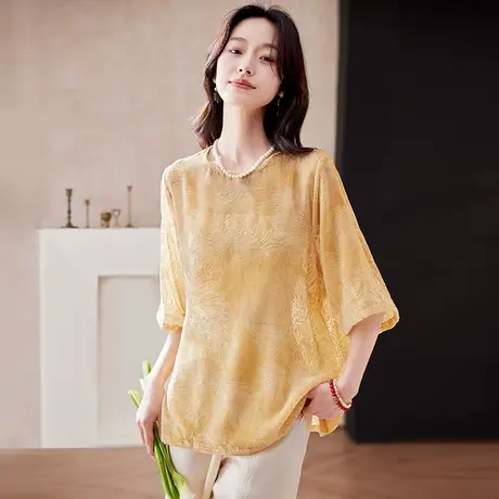 宝诗黎圆领丝绒镂空中袖T恤女2025夏季洋气百搭宽松慵懒休闲上衣图片