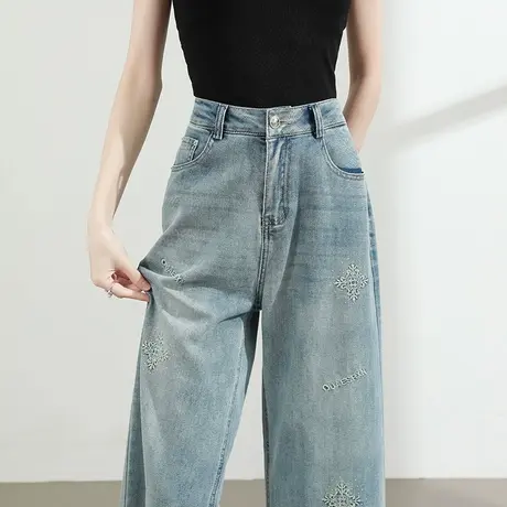 刺绣印花直筒牛仔裤女夏季薄款高腰宽松复古八九分小个子阔腿裤子图片
