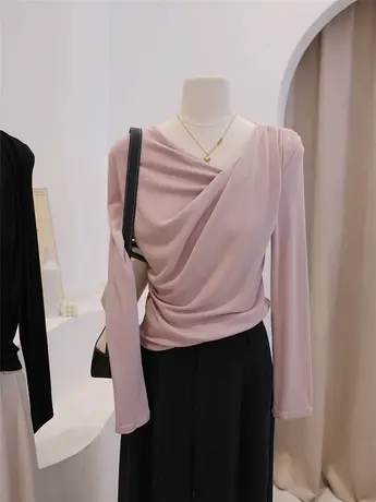 不规则斜领长袖t恤女春2024新款小个子纯欲修身显瘦别致外穿上衣商品大图