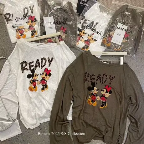 2025夏季时髦卡通米奇印花薄款露肩长袖T恤女百搭宽松慵懒上衣潮图片