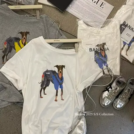 韩国东大门夏季新款美式狗狗印花斜肩短袖T恤女时髦宽松露肩上衣商品大图