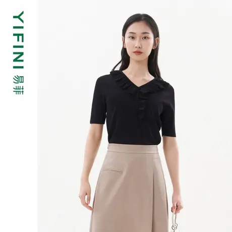 [专柜同款]Yifini/易菲V领气质短款荷叶边针织毛衫夏装新款商品大图