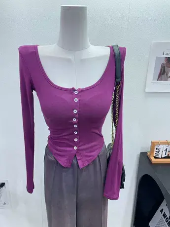 韩国INS网红洋气显身材紧身单排扣开衫上衣女修身弹力内搭长袖T恤商品大图