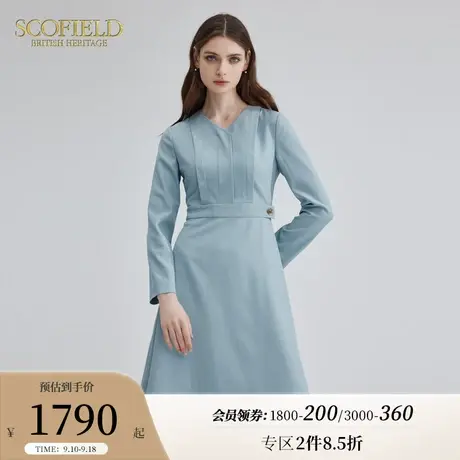 Scofield女装优雅长袖蓝色V领多巴胺通勤气质连衣裙2023秋季新款图片