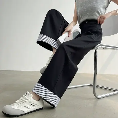 九分拼接条纹翻边阔腿裤女夏季薄款高腰宽松垂感小个子直筒休闲裤商品大图