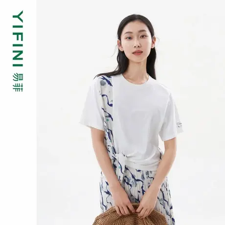 [专柜同款]Yifini/易菲海岛绒印花拼接不规则宽松短款时尚针织T恤图片