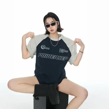 2025夏季新款宽松圆领印花短袖T恤潮流美式街头ins风拼色半袖上衣图片