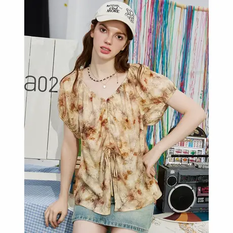 a02抽褶植物印染V领桃花皱显瘦开衩上衣夏季休闲女式衬衫商品大图
