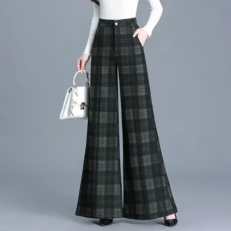 拖地格子长裤喇叭裤女春秋新款高腰宽松显瘦气质休闲裤阔腿大脚裤商品大图