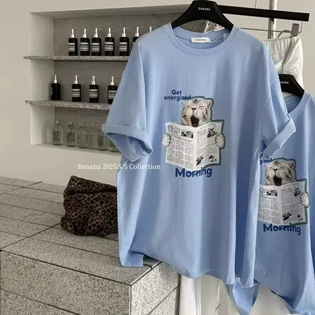 韩国东大门夏季新款时髦小猫印花短袖T恤女宽松显瘦百搭洋气上衣商品大图