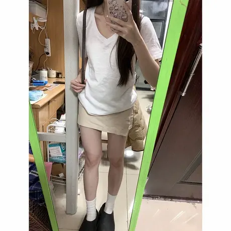 竹节棉短袖T恤女夏装2025新款内搭打底衫白色V领正肩半袖上衣潮牌图片