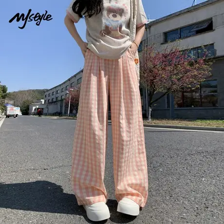 MJ STYLE格子裤女夏季薄款2025新款高腰慵懒风直筒垂感宽松阔腿裤商品大图