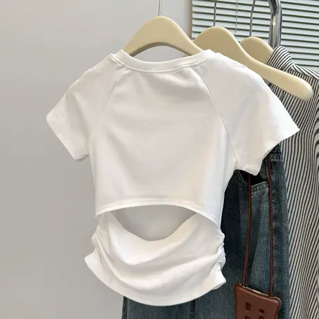 褶皱收腰露背短袖T恤女夏季韩版修身小个子短款镂空插肩袖上衣潮图片