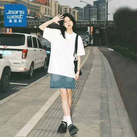 KMV真维斯宽松t恤女士夏季大码体恤白色半袖学生经典休闲短袖上衣图片