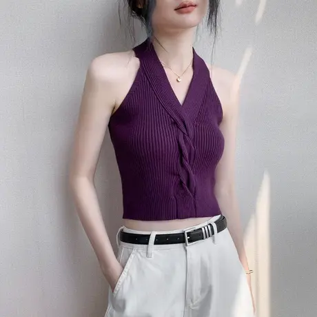 法式挂脖扭结设计感无袖背心女秋衬衫内搭修身显瘦打底衫纯色上衣商品大图
