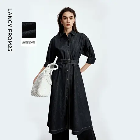 朗姿复古设计感牛仔A摆风衣连衣裙莱赛尔时尚裙子2025年秋季新款图片