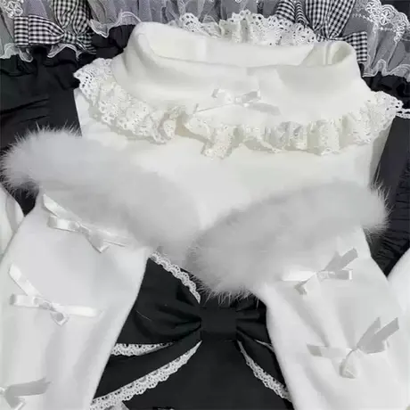 蝴蝶结设计感德绒打底衫女秋冬季内搭修身长袖T恤半高领蕾丝上衣商品大图