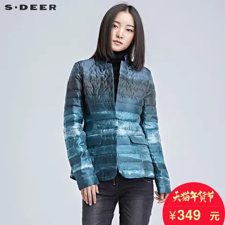 sdeer圣迪奥2018冬装蓝调色泽印花短款商务羽绒服女外套S16482488图片