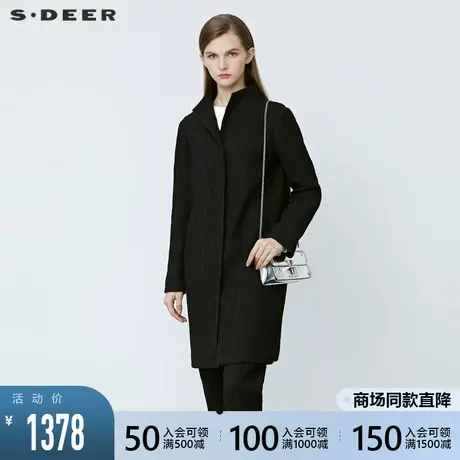 sdeer圣迪奥2021冬季新品时尚立领肌理黑色长款风衣外套S21481701图片