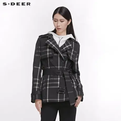 【直播间秒杀专属】sdeer圣迪奥短款格纹翻领风衣S20182209图片