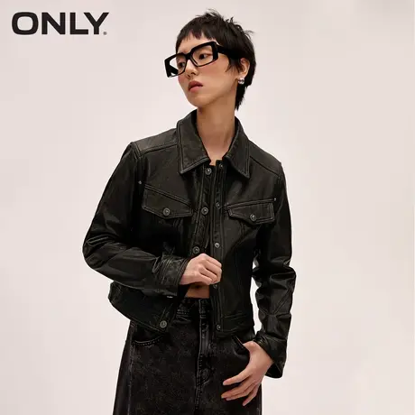 ONLY奥莱春季潮酷复古短款翻领直筒长袖羊皮皮衣女图片