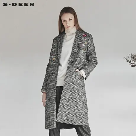 sdeer圣迪奥女装格纹复古绣花平驳领长款直筒外套S18481853图片