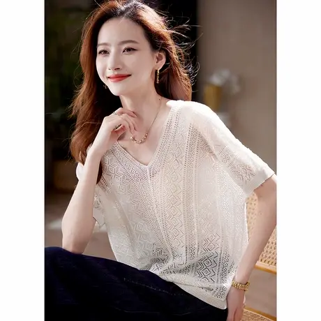 宝诗黎V领蝙蝠袖镂空T恤女2025夏季韩系气质慵懒百搭休闲短袖上衣图片