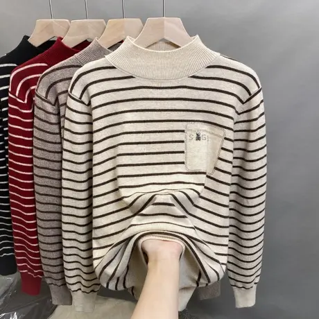 条纹半高领毛衣女打底衫2025春秋新款套头外穿针织衫洋气内搭上衣商品大图