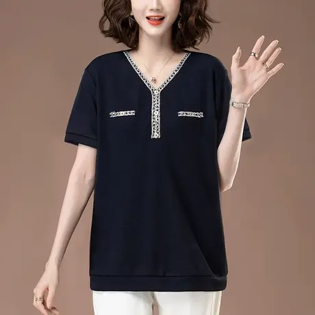 短袖t恤女夏季新款宽松加肥加大码中老年妈妈洋气V领休闲半袖体恤图片