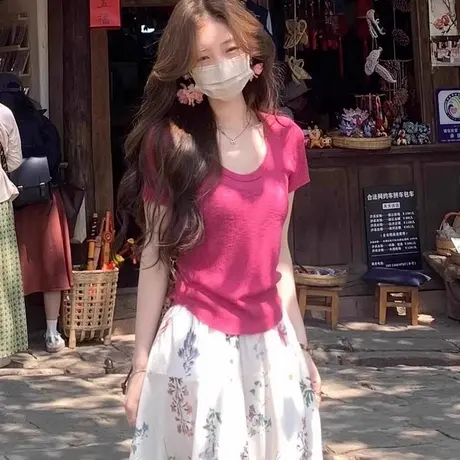 U领针织正肩短袖T恤女夏季设计感修身显瘦短款独特漂亮掐腰小上衣商品大图