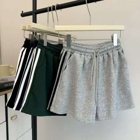 韩系条纹高腰阔腿休闲短裤女夏季韩版百搭宽松运动跑步热裤潮ins图片