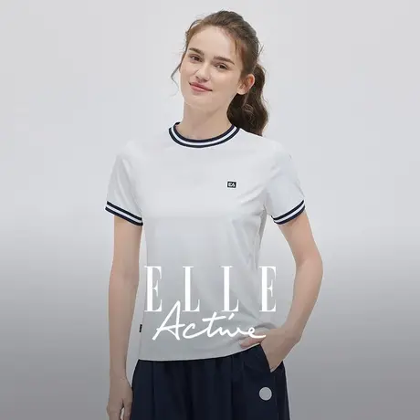 【团】ELLE Active户外穿搭针织衫短袖白色t恤女肌理感圆领上衣图片