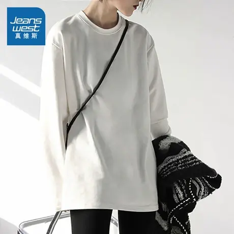 KMV真维斯白色t恤女2025春季纯棉长袖内搭打底衫圆领宽松慵懒体恤图片