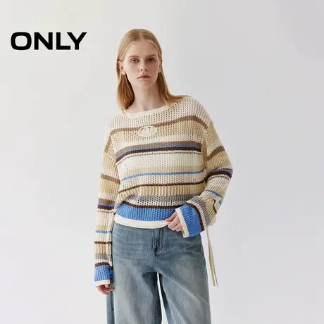 ONLY2025秋季新款活力撞色条纹镂空抽绳下摆宽松落肩长袖针织衫女图片