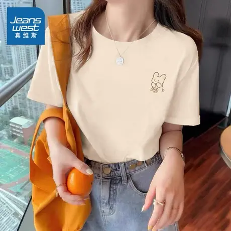 KMV真维斯纯棉短袖t恤女2025款夏季宽松半袖内搭大码杏色印花上衣商品大图