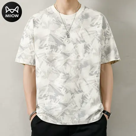 猫人白色设计感短袖男士2024夏季新款潮牌复古百搭宽松休闲体恤衫商品大图
