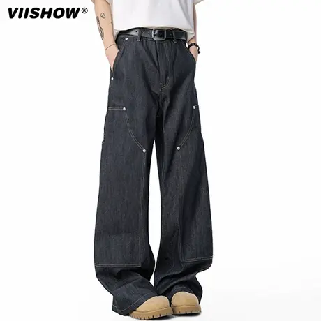 VIISHOW美式高街铆钉牛仔裤男秋潮牌阔腿长裤宽松cleanfit直筒裤图片