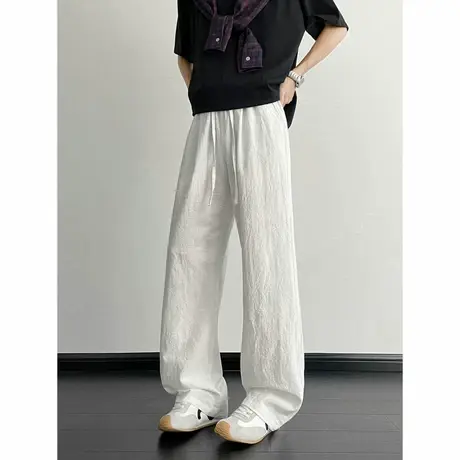裤子男夏季2025新款松弛垂感亚麻休闲长裤大码宽松纯色透气直筒裤商品大图