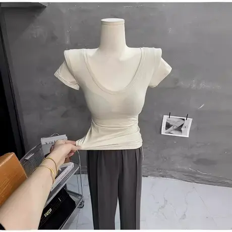 主推！!基础款小t纯欲薄款体恤女微透V领白色短袖上衣纯色内搭夏图片