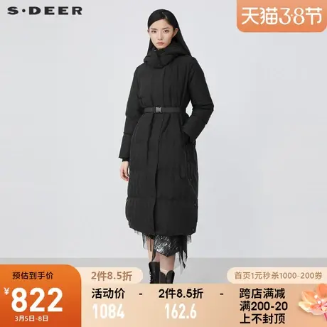 sdeer圣迪奥2021秋冬新品高领连帽收腰长款黑色羽绒服女S21462450图片